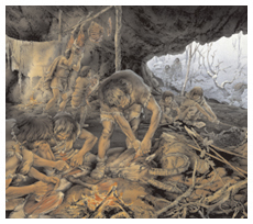 Comunità di cacciatori paleolitici impegnati nella macellazione di uno stambecco (Disegno inklink Firenze/ink agency)