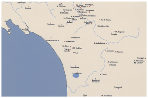 Distribuzione degli insediamenti e delle tombe liguri tra IV e II secolo A.C. nel territorio dei liguri apuani