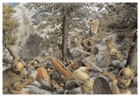 Battaglia tra l'esercito romano e i liguri in territorio appenninico (Disegno inklink Firenze/ink Agency)